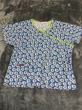 Dickies Womens Blue & White Floral V-Neck Scrub Top M